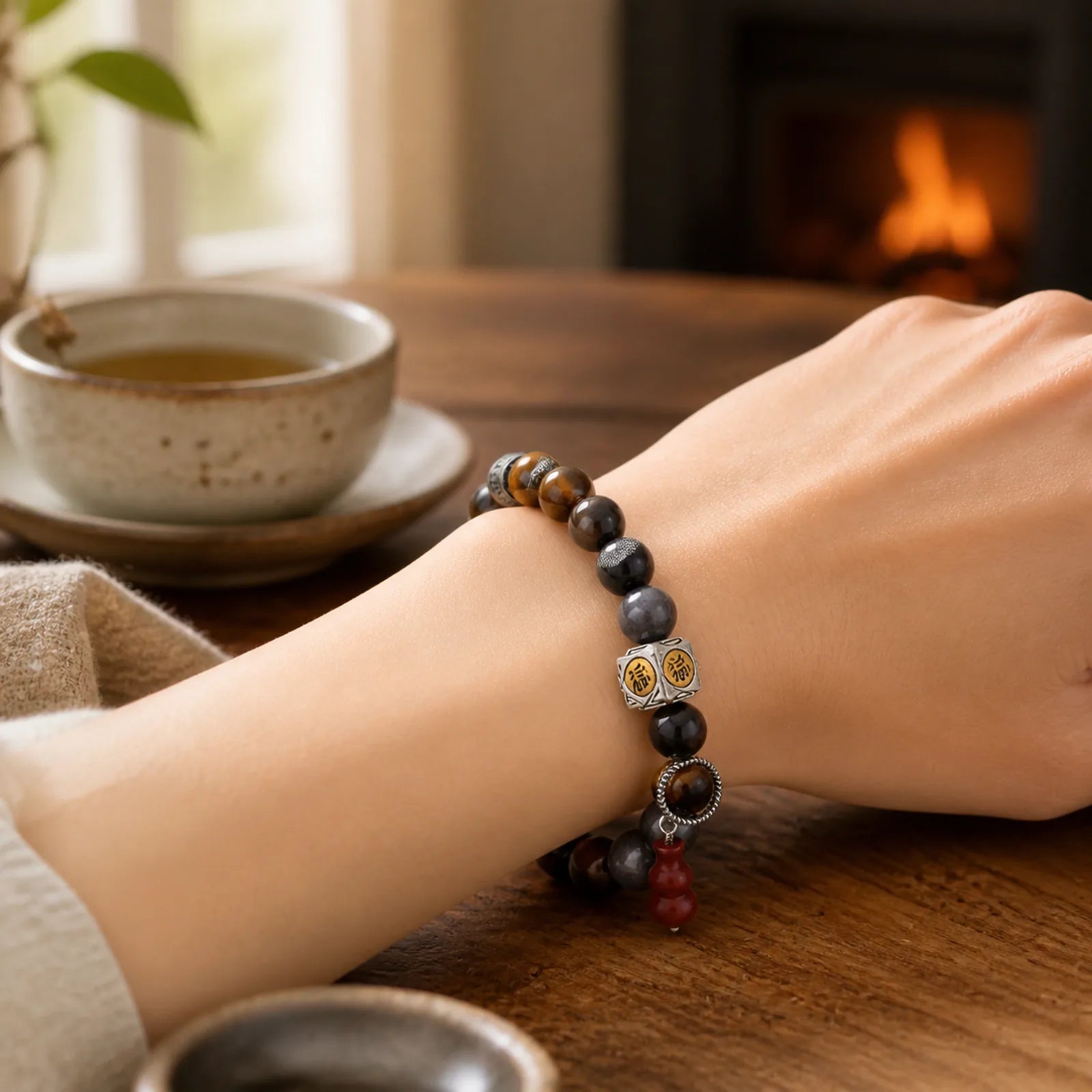 Silver Sheen Obsidian Grounding Fu Character Gourd Bracelet featuring Silver, Silver Sheen Obsidian, Obsidian