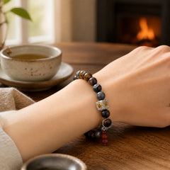 Silver Sheen Obsidian Grounding Fu Character Gourd Bracelet featuring Silver, Silver Sheen Obsidian, Obsidian