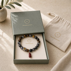 Silver Sheen Obsidian Grounding Fu Character Gourd Bracelet featuring Silver, Silver Sheen Obsidian, Obsidian