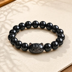 Silver Sheen Obsidian Hand Carved Cat Pendant Calmness Handmade Bracelet featuring Silver, Silver Sheen Obsidian, Obsidian
