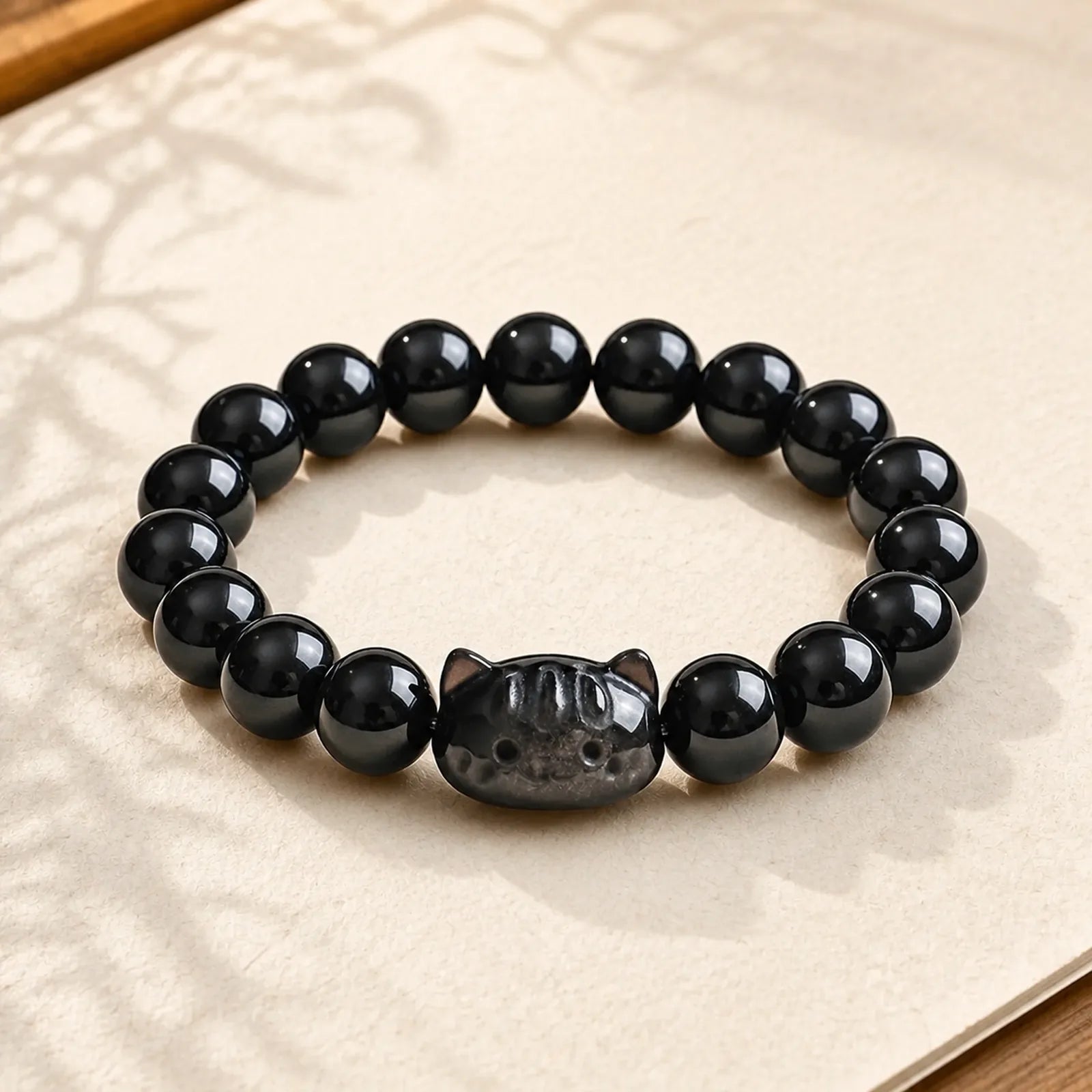 Silver Sheen Obsidian Hand Carved Cat Pendant Calmness Handmade Bracelet featuring Silver, Silver Sheen Obsidian, Obsidian