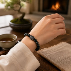 Silver Sheen Obsidian Hand Carved Cat Pendant Calmness Handmade Bracelet featuring Silver, Silver Sheen Obsidian, Obsidian