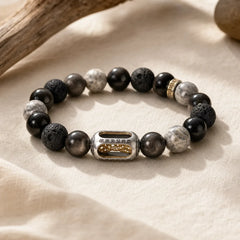Silver Sheen Obsidian Lava Rock Grey Jasper Om Mani Padme Hum Vajra Soothing Bracelet featuring Silver, Silver Sheen Obsidian, Obsidian