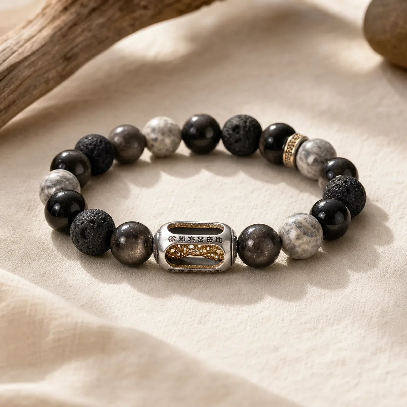 Silver Sheen Obsidian Lava Rock Grey Jasper Om Mani Padme Hum Vajra Soothing Bracelet featuring Silver, Silver Sheen Obsidian, Obsidian