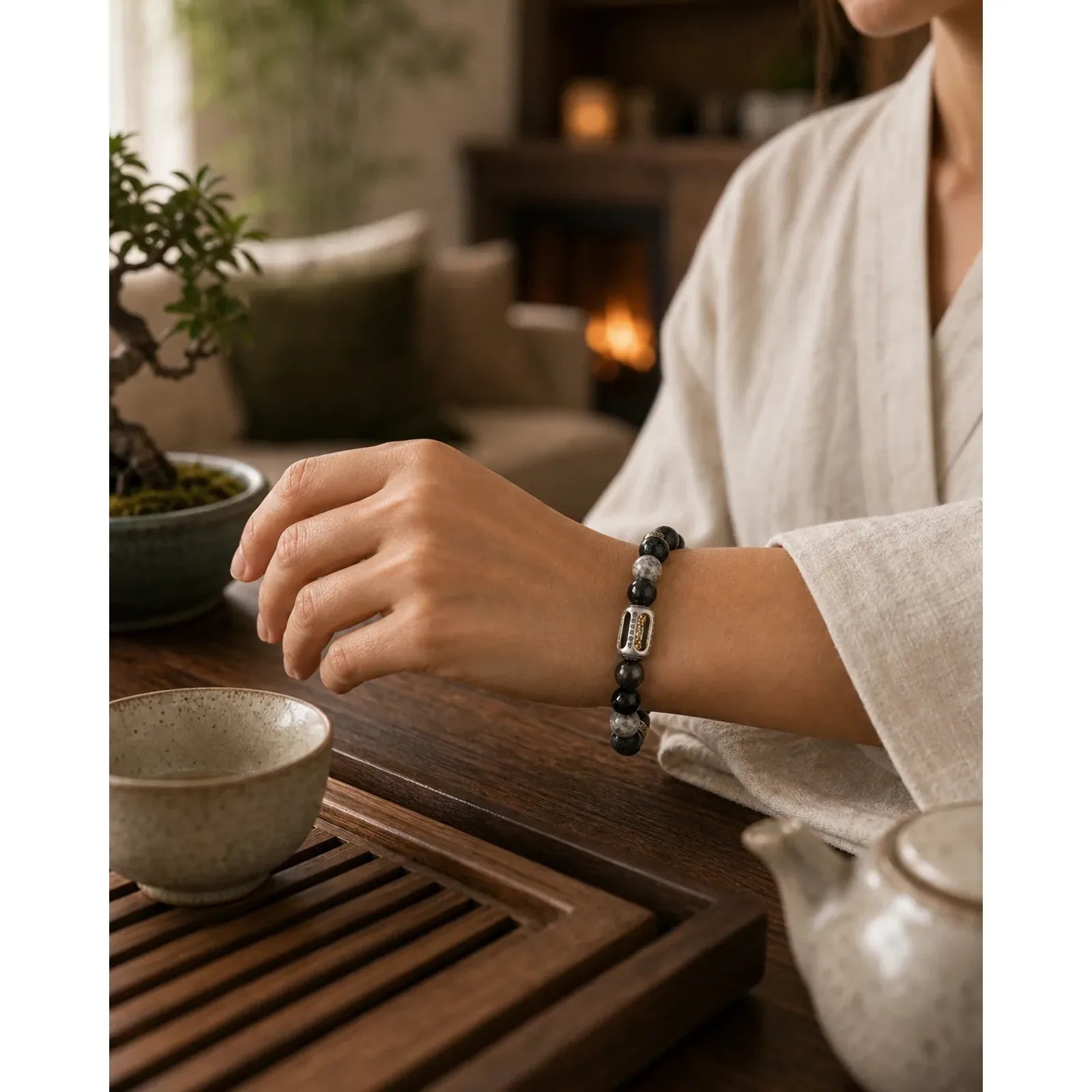 Silver Sheen Obsidian Lava Rock Grey Jasper Om Mani Padme Hum Vajra Soothing Bracelet featuring Silver, Silver Sheen Obsidian, Obsidian
