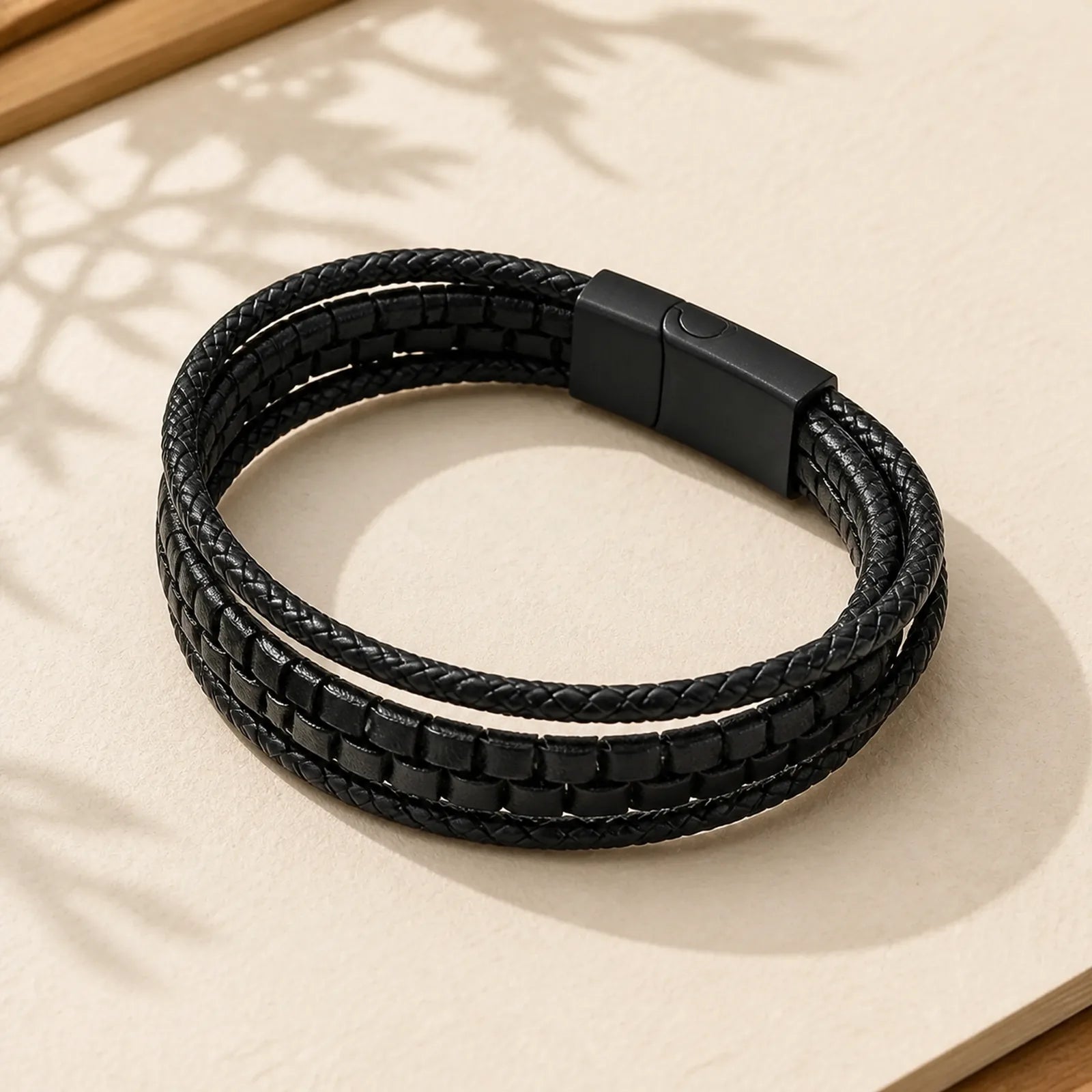 Simple Braided Pattern Titanium Steel Strengthen Multi-layer Leather Buckle Bracelet featuring Titanium Steel