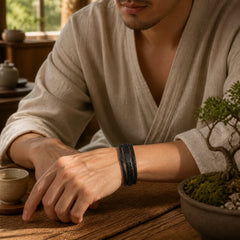 Simple Braided Pattern Titanium Steel Strengthen Multi-layer Leather Buckle Bracelet featuring Titanium Steel