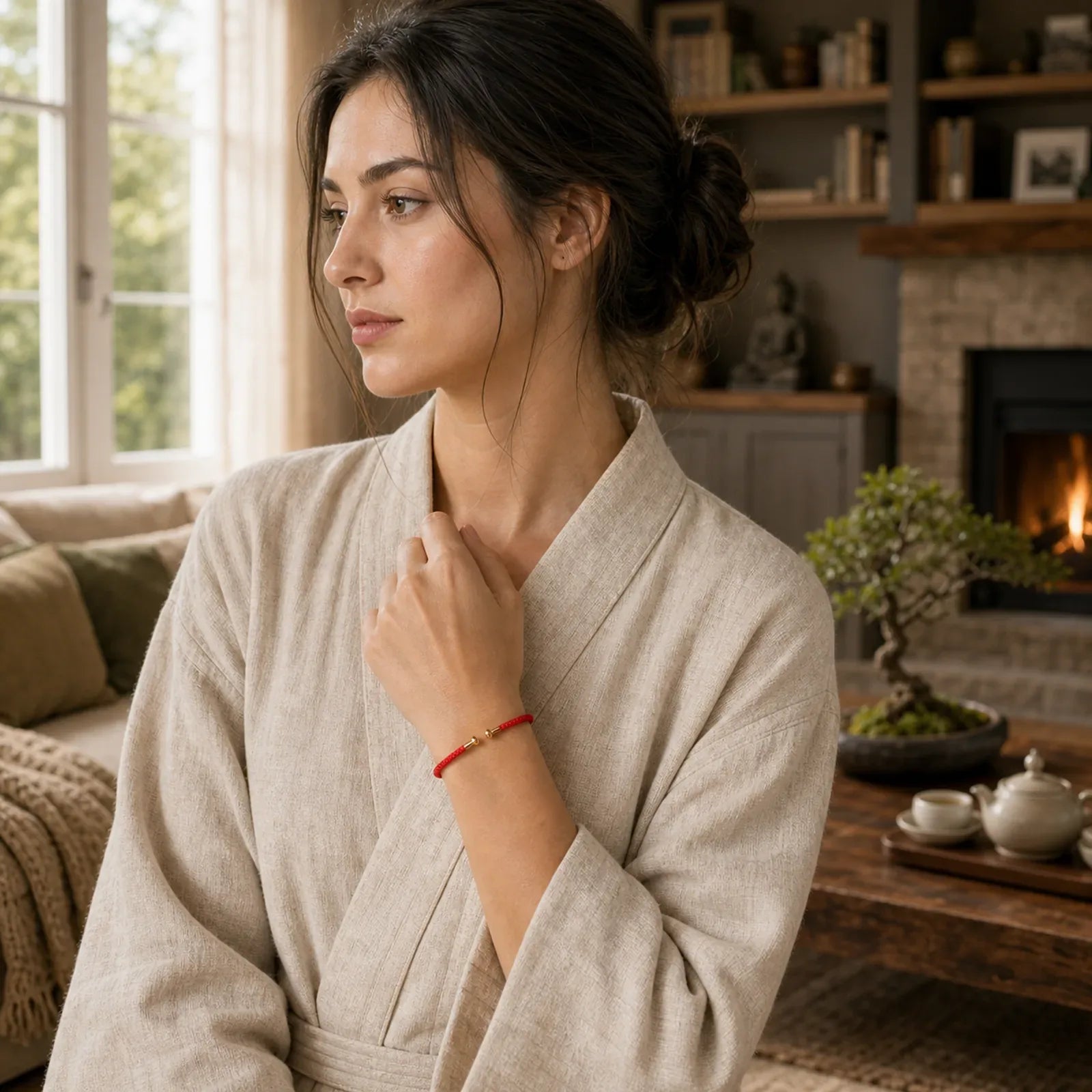 Simple Design Handmade Luck Braid String Cuff Bracelet featuring Red String, Copper