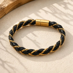 Simple Design Titanium Steel Calm Braided Leather Buckle Bracelet featuring Titanium Steel