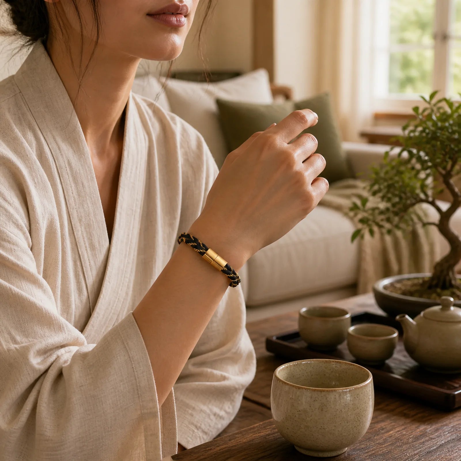 Simple Design Titanium Steel Calm Braided Leather Buckle Bracelet featuring Titanium Steel