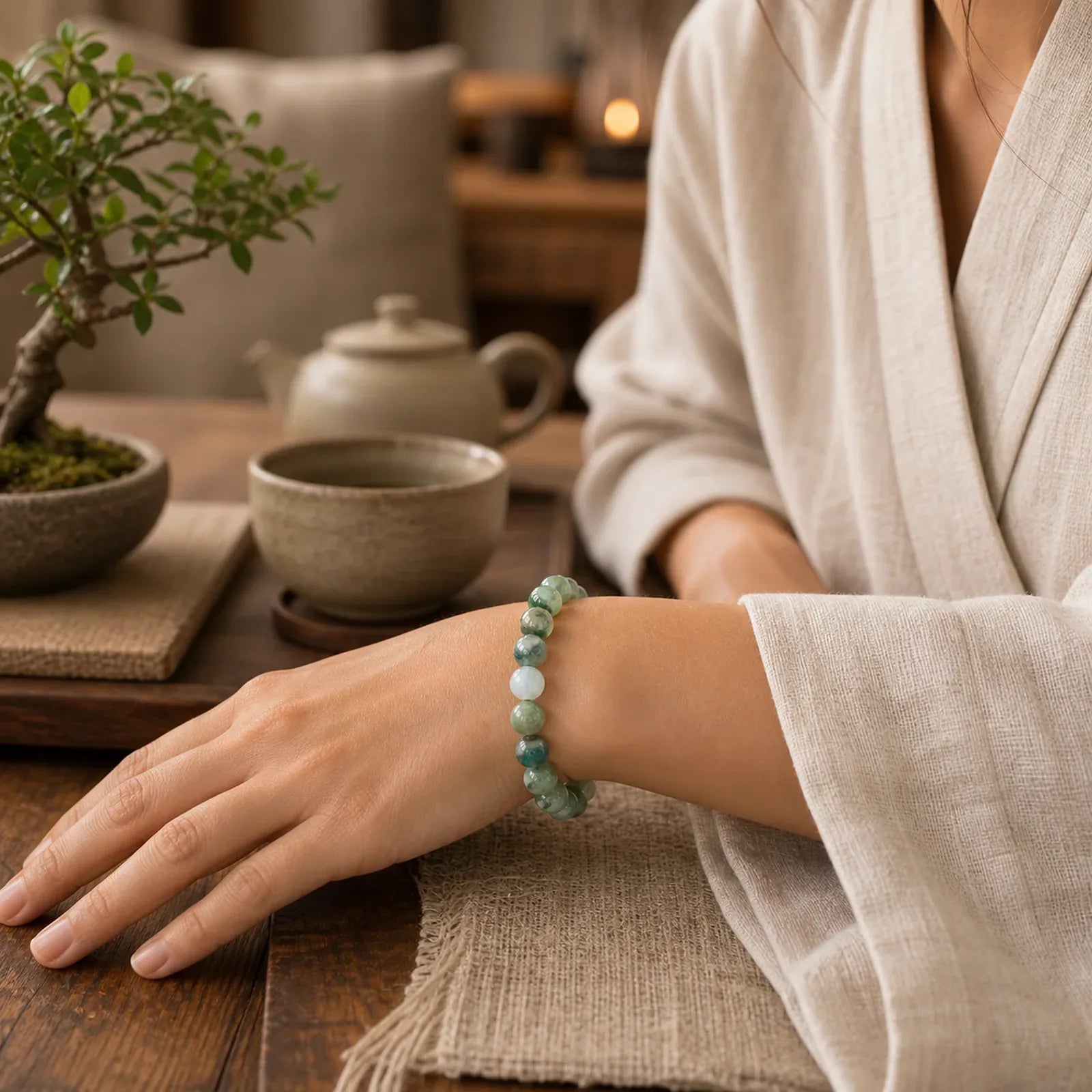Simple Moss Agate Bead Healing Bracelet featuring Moss Agate