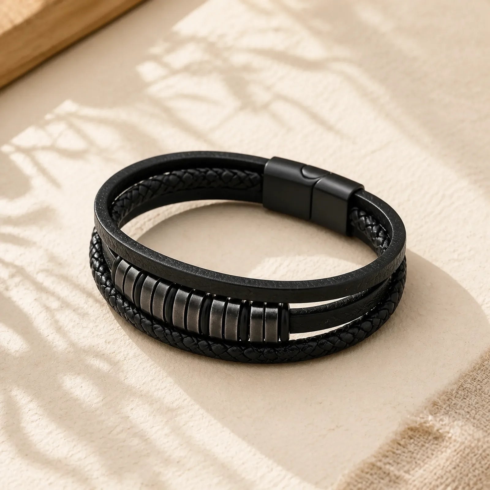 Simple Titanium Steel Braided Three-layer Leather Buckle Calm Bracelet featuring Titanium Steel