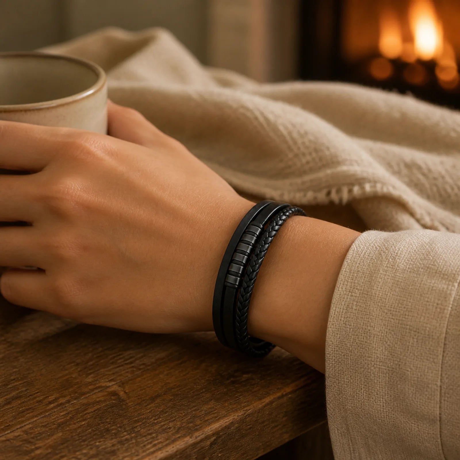 Simple Titanium Steel Braided Three-layer Leather Buckle Calm Bracelet featuring Titanium Steel
