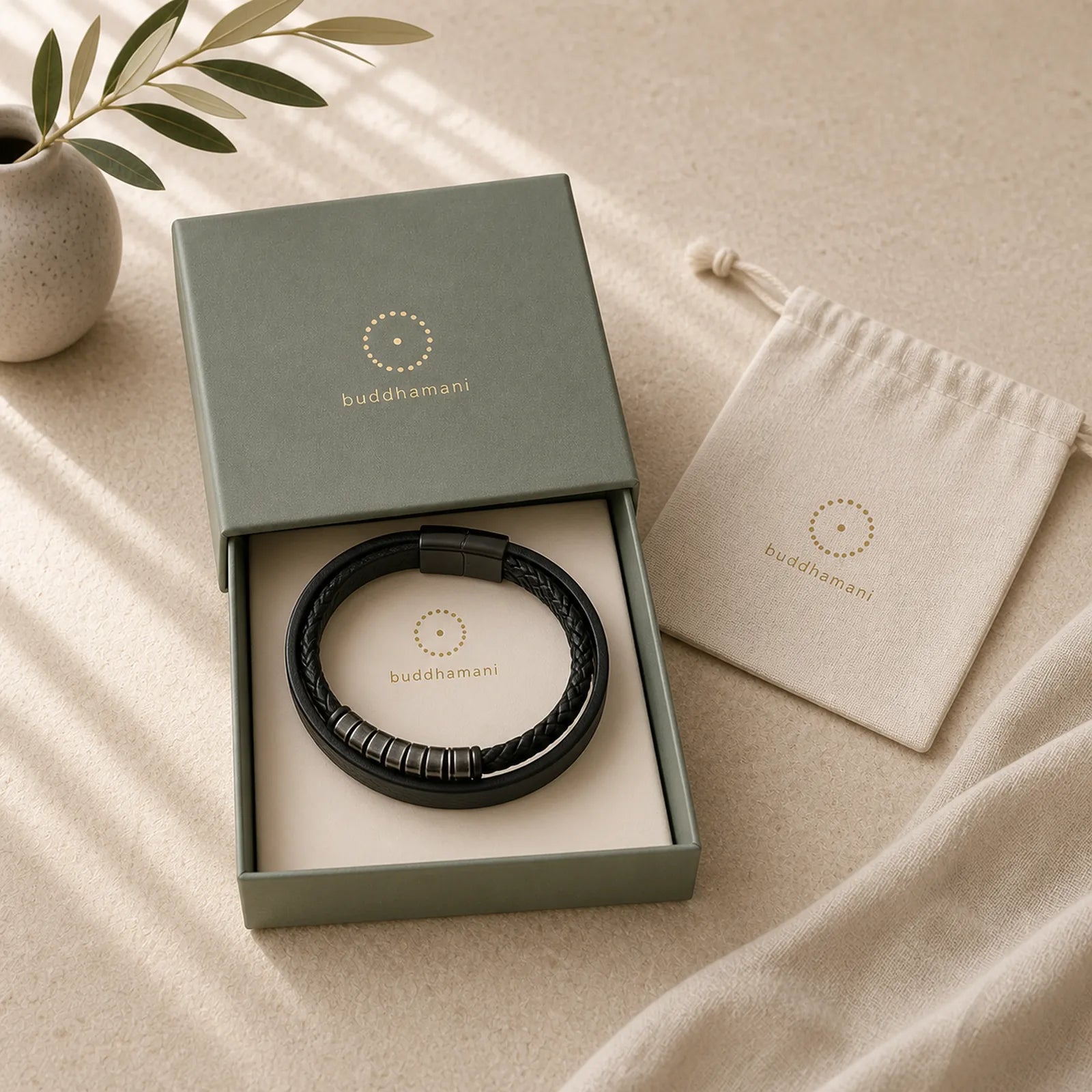 Simple Titanium Steel Braided Three-layer Leather Buckle Calm Bracelet featuring Titanium Steel