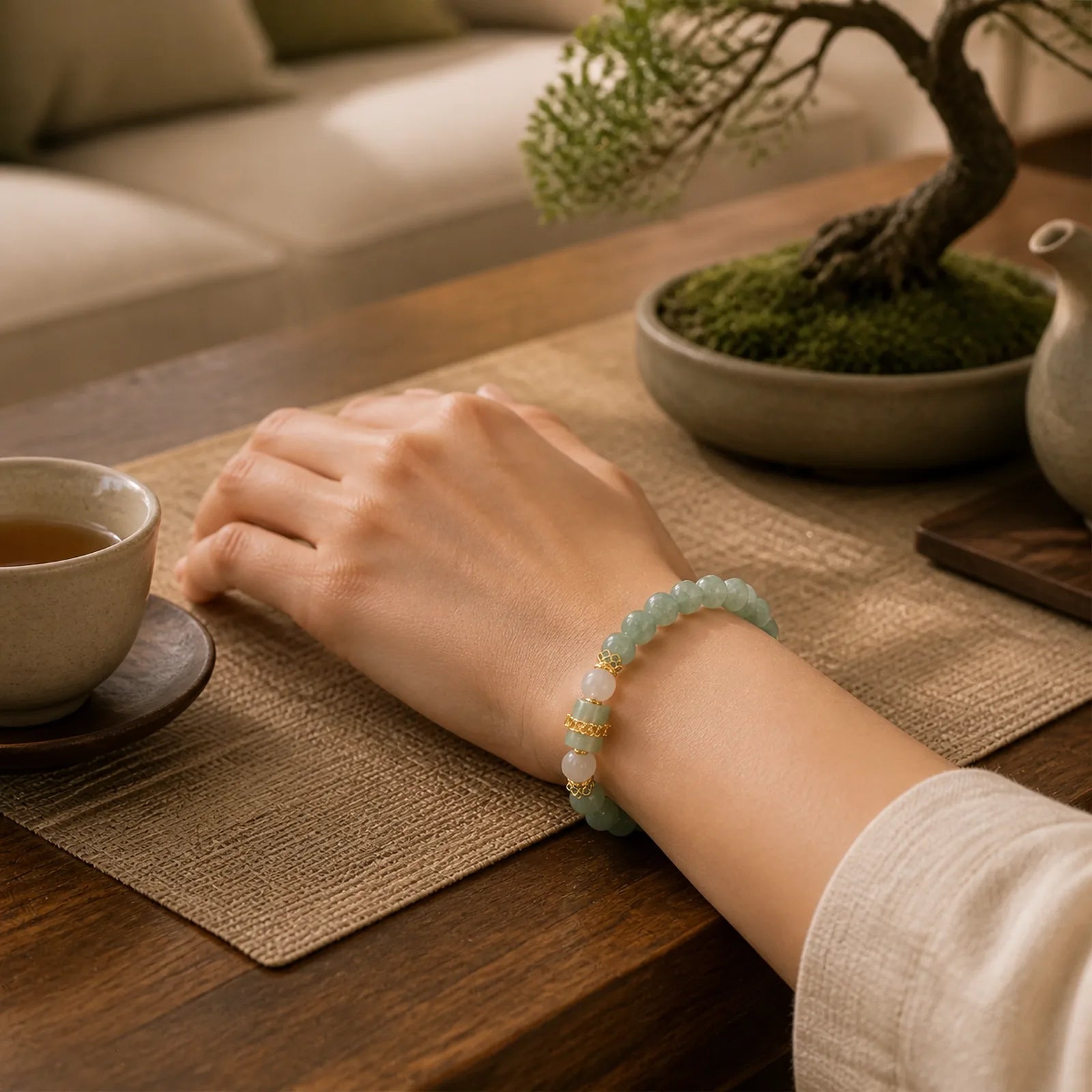 Single Double Layer Jade Peace Buckle Luck Bracelet featuring Jade, Peace Buckle, Copper