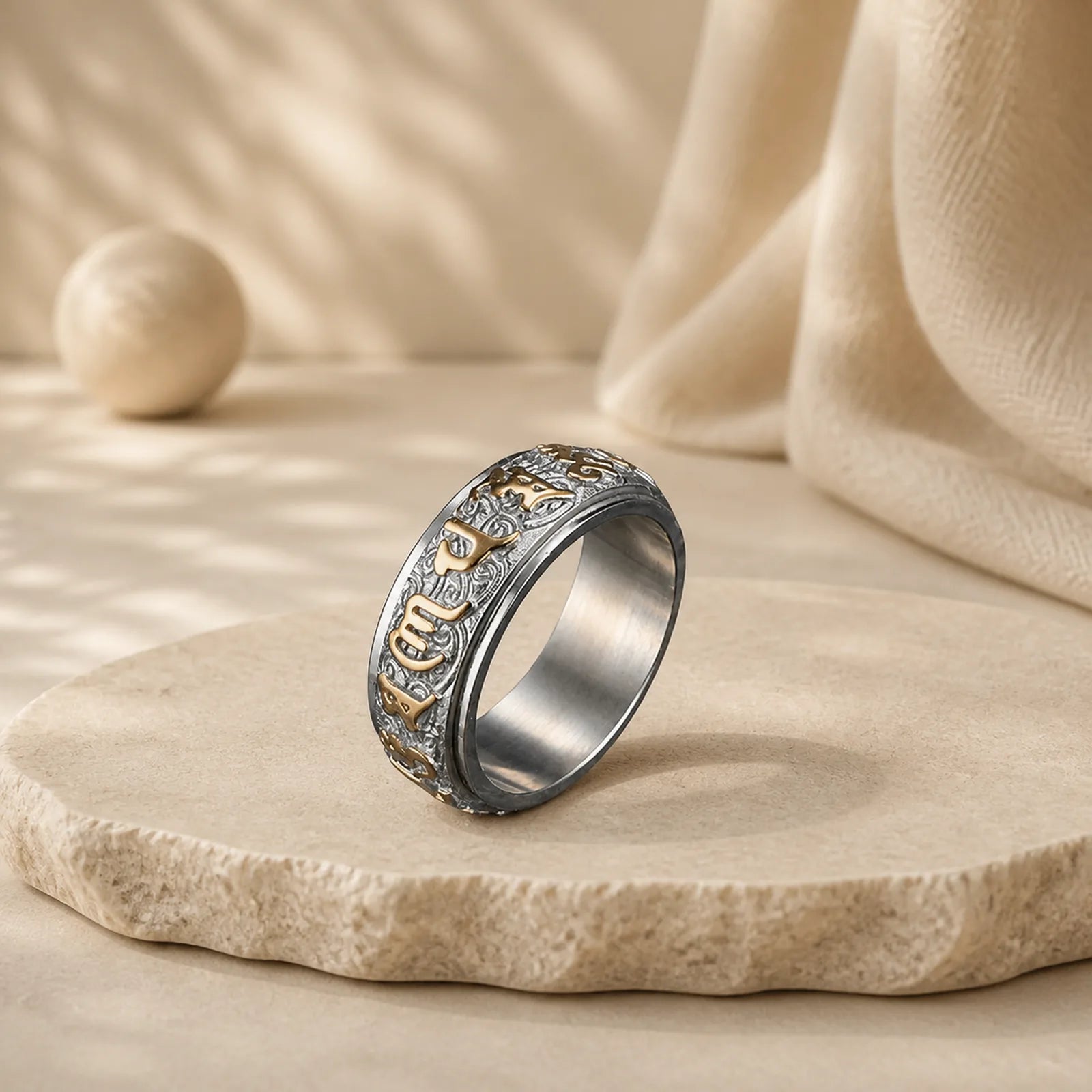 Six True Words Balance Calm Titanium Steel Ring featuring Titanium Steel, Om, Six True Words (Om Mani Padme Hum)