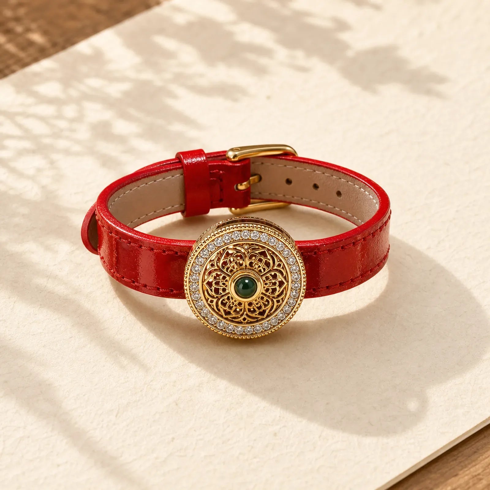 Six True Words Eight Treasures Compass Jade 24K Gold Plated Luck Leather Bracelet featuring Om, Jade, Six True Words (Om Mani Padme Hum)