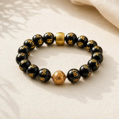 Six True Words Om Mani Padme Hum Rainbow Obsidian Gold Foil Creativity Bracelet featuring Om Mani Padme Hum, Om, Rainbow Obsidian