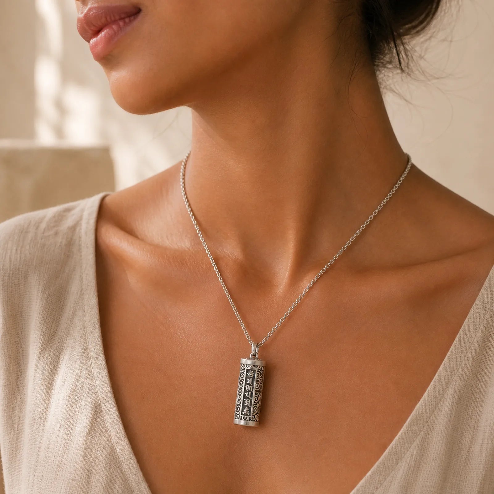 Six True Words Protection Necklace Pendant featuring Om, Silver, Six True Words (Om Mani Padme Hum)