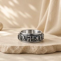 Six True Words Swastika Copper Healing Rotatable Ring featuring Copper, Om, Six True Words (Om Mani Padme Hum)