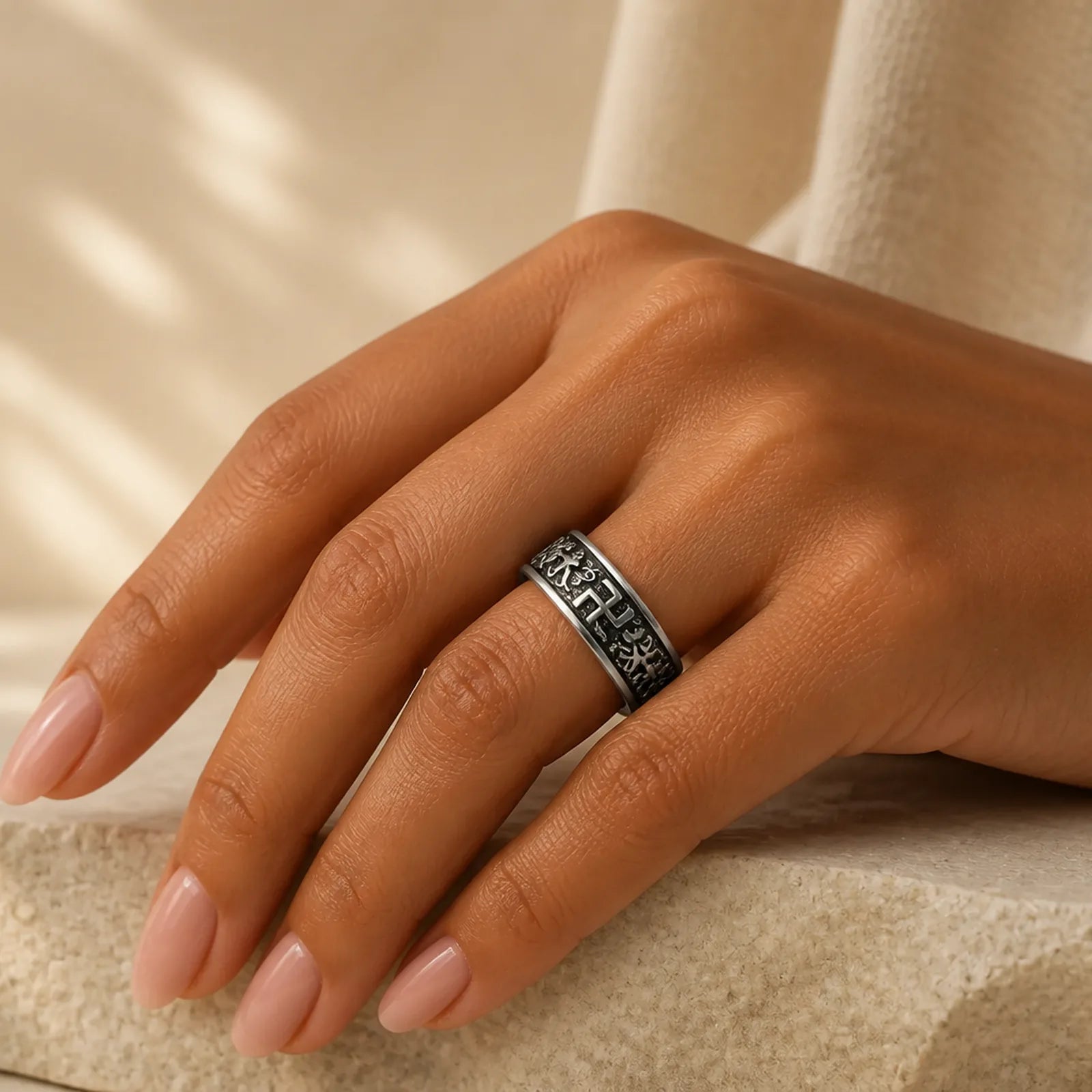 Six True Words Swastika Copper Healing Rotatable Ring featuring Copper, Om, Six True Words (Om Mani Padme Hum)