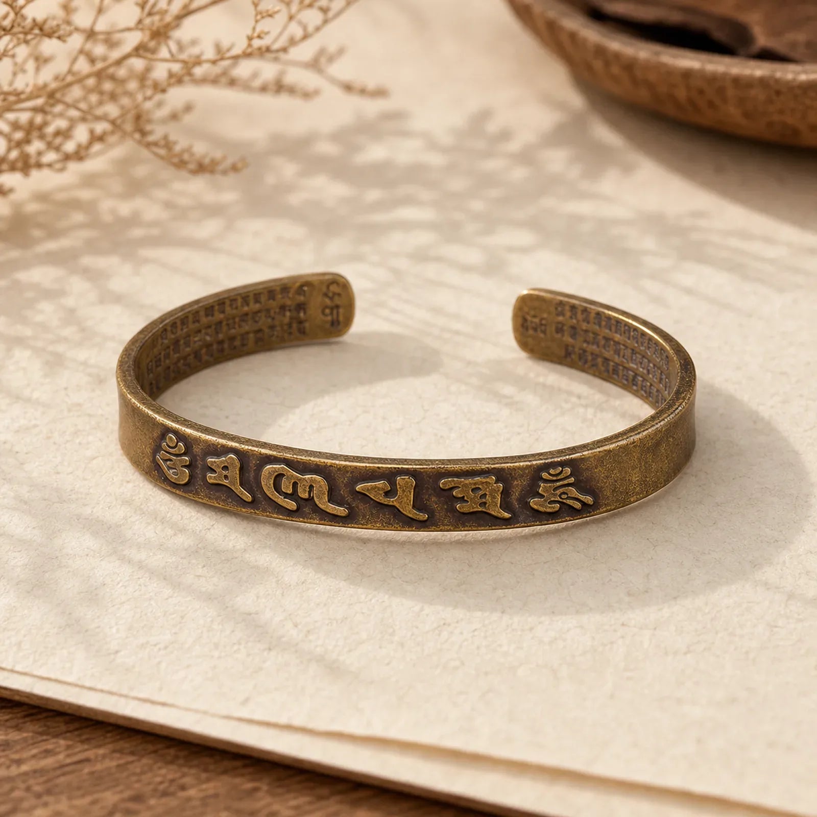 Six True Words 'om Mani Padme Hum' Heart Sutra Copper Brass Wisdom Peace Cuff Bracelet Bangle featuring Six True Words (Om Mani Padme Hum), Om Mani Padme Hum, Om