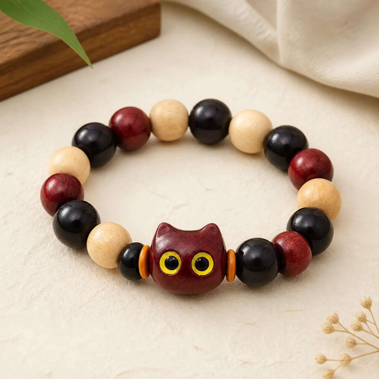 Small Leaf Red Sandalwood Ebony Wood Cute Cat Engraved Protection Bracelet featuring Small Leaf Red Sandalwood, Red Sandalwood, Sandalwood
