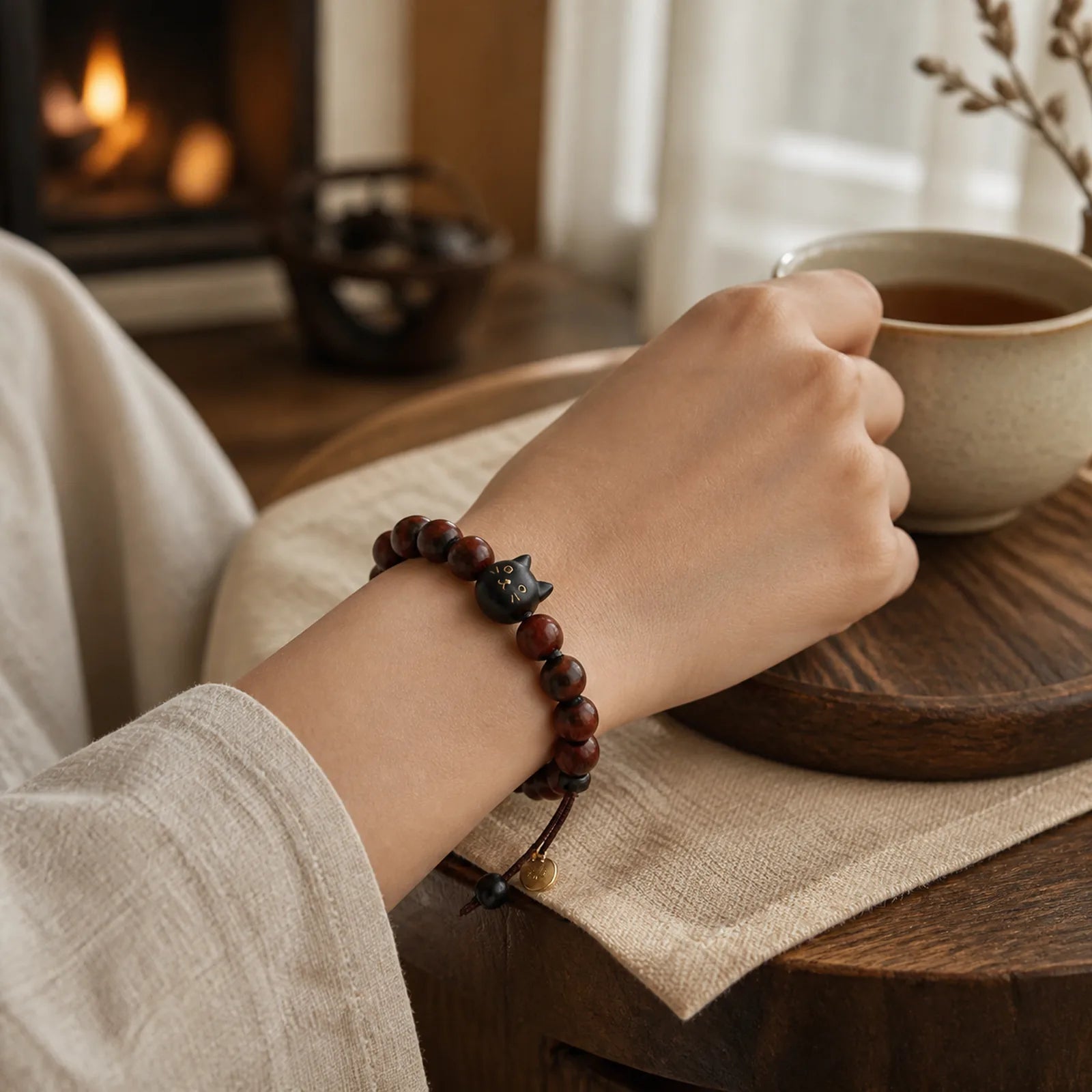 Small Leaf Red Sandalwood Ebony Wood Cute Cat Engraved Protection Bracelet featuring Small Leaf Red Sandalwood, Red Sandalwood, Sandalwood