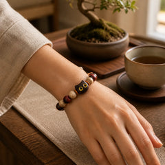 Small Leaf Red Sandalwood Ebony Wood Cute Cat Engraved Protection Bracelet featuring Small Leaf Red Sandalwood, Red Sandalwood, Sandalwood
