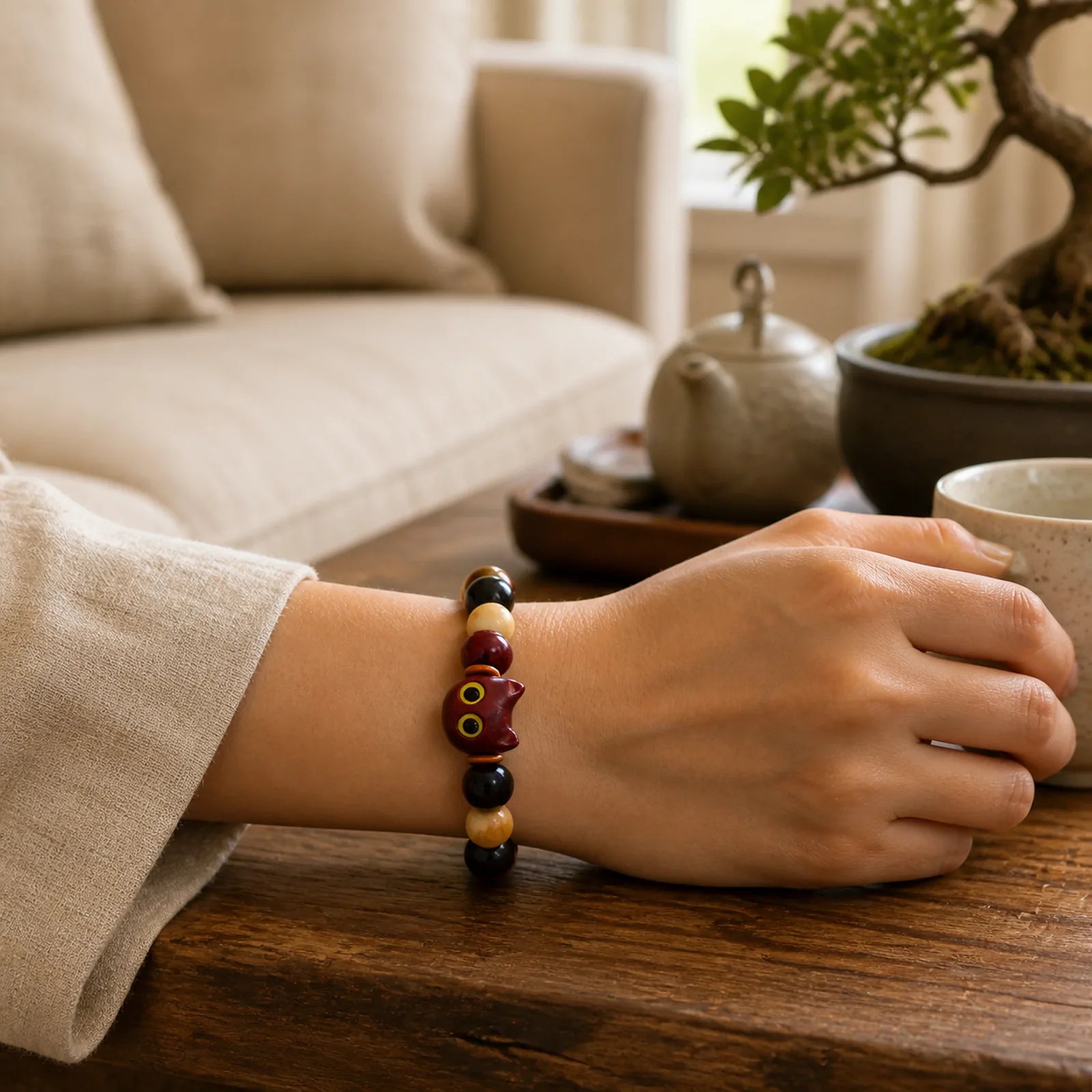 Small Leaf Red Sandalwood Ebony Wood Cute Cat Engraved Protection Bracelet featuring Small Leaf Red Sandalwood, Red Sandalwood, Sandalwood