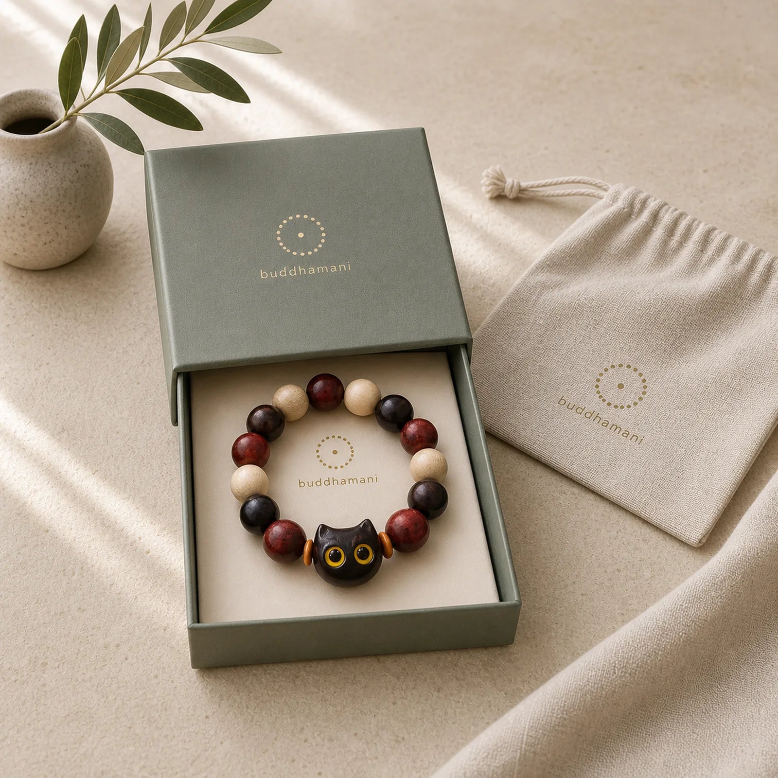 Small Leaf Red Sandalwood Ebony Wood Cute Cat Engraved Protection Bracelet featuring Small Leaf Red Sandalwood, Red Sandalwood, Sandalwood