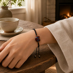 Small Leaf Red Sandalwood Ebony Wood Cute Cat Head Calm Protection Braided Bracelet featuring Small Leaf Red Sandalwood, Red Sandalwood, Sandalwood