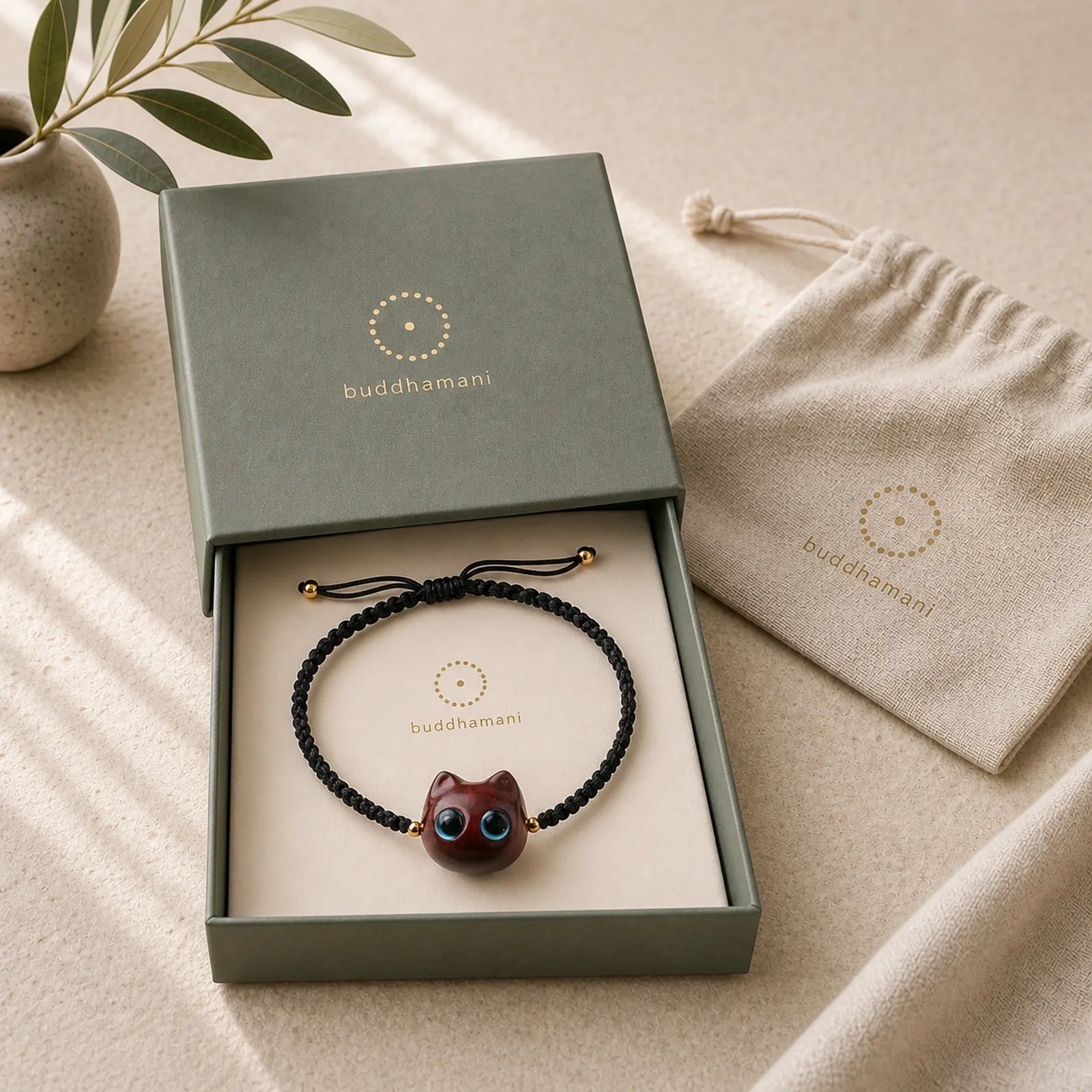 Small Leaf Red Sandalwood Ebony Wood Cute Cat Head Calm Protection Braided Bracelet featuring Small Leaf Red Sandalwood, Red Sandalwood, Sandalwood