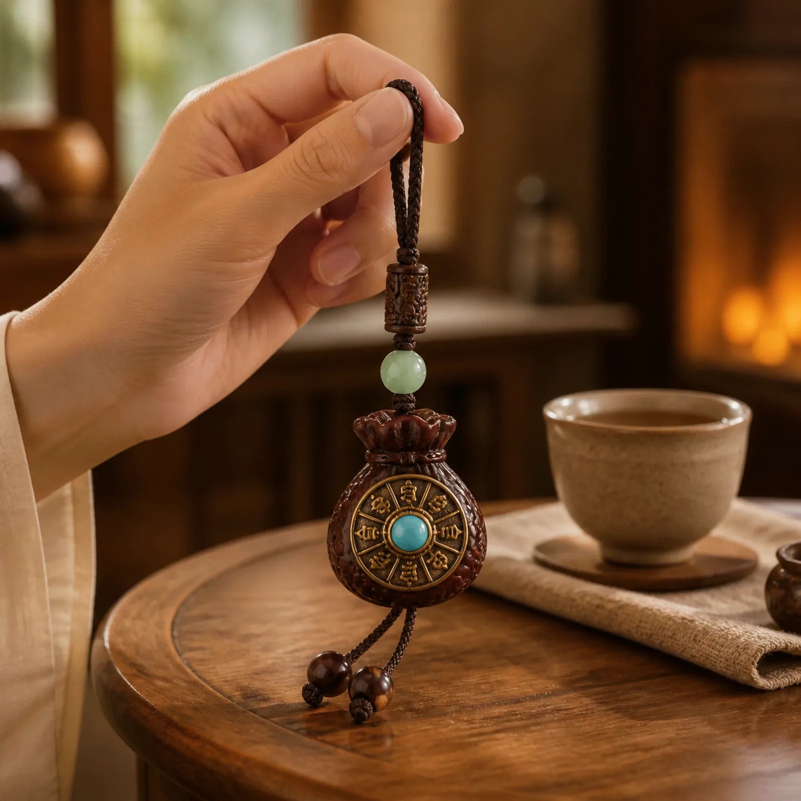 Small Leaf Red Sandalwood Green Sandalwood Money Bag Om Mani Padme Hum Rotatable Protection Hanging Decoration featuring Small Leaf Red Sandalwood, Red Sandalwood, Sandalwood