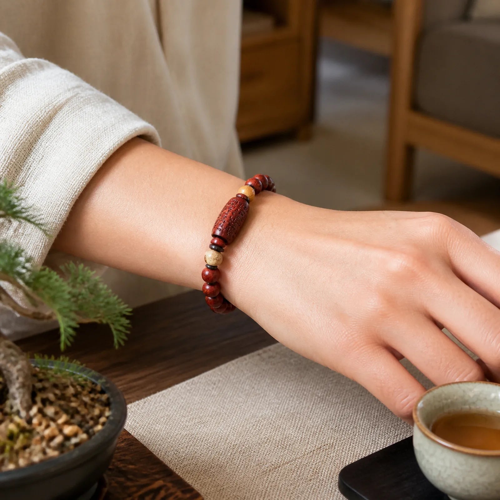 Small Leaf Red Sandalwood Om Mani Padme Hum Engraved Protection Bracelet featuring Small Leaf Red Sandalwood, Red Sandalwood, Sandalwood