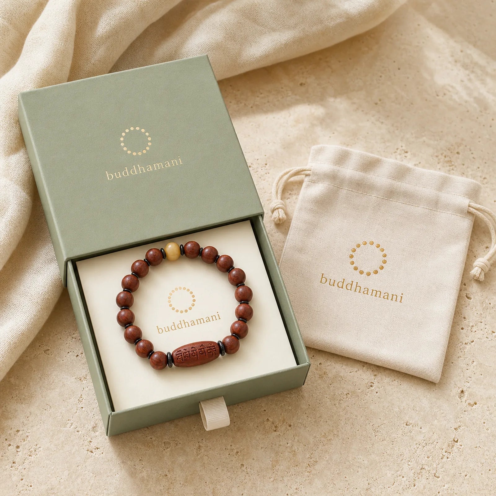 Small Leaf Red Sandalwood Om Mani Padme Hum Engraved Protection Bracelet featuring Small Leaf Red Sandalwood, Red Sandalwood, Sandalwood