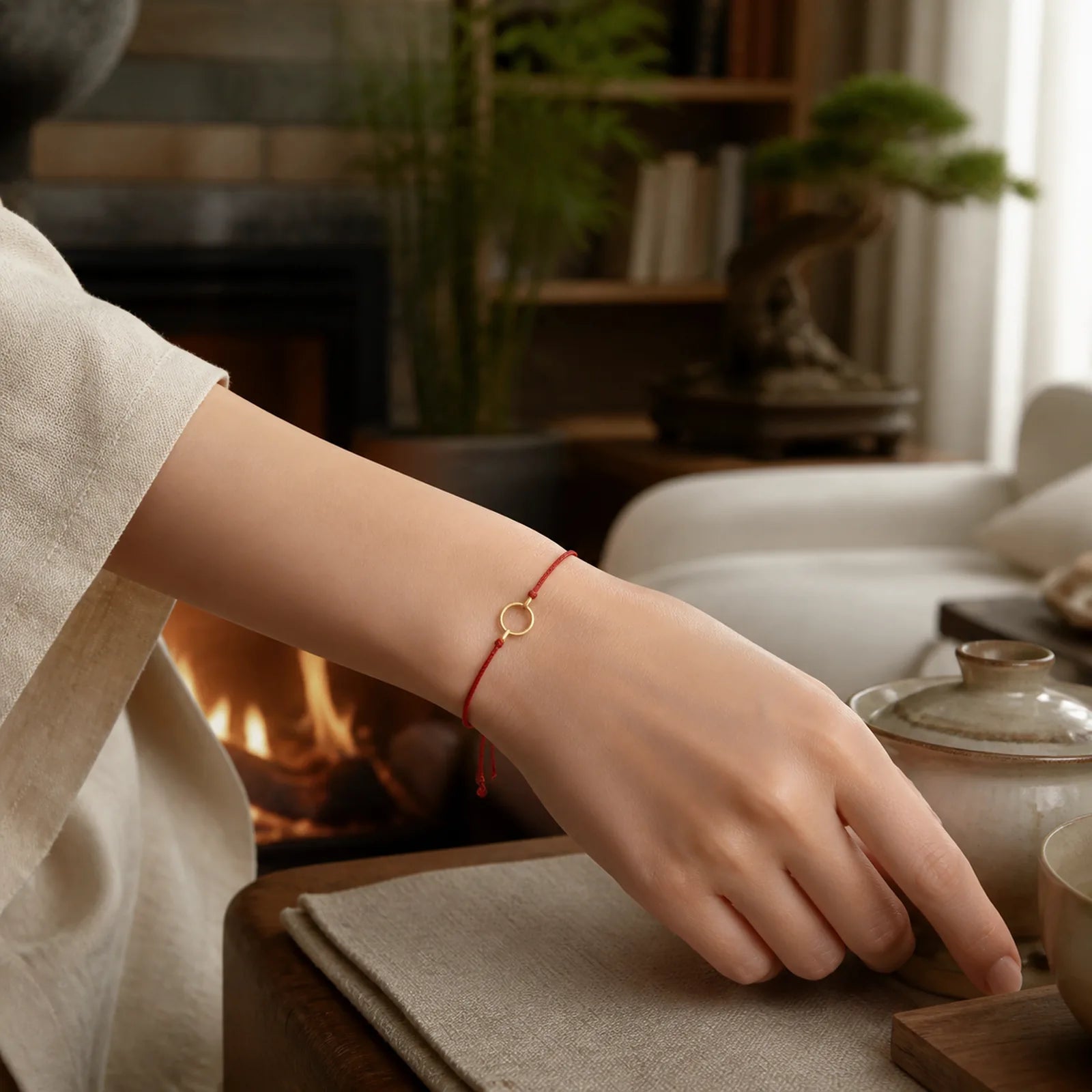 Small Peace Buckle Braided String Adjustable Connection Bracelet Anklet featuring Peace Buckle, Red String, Copper
