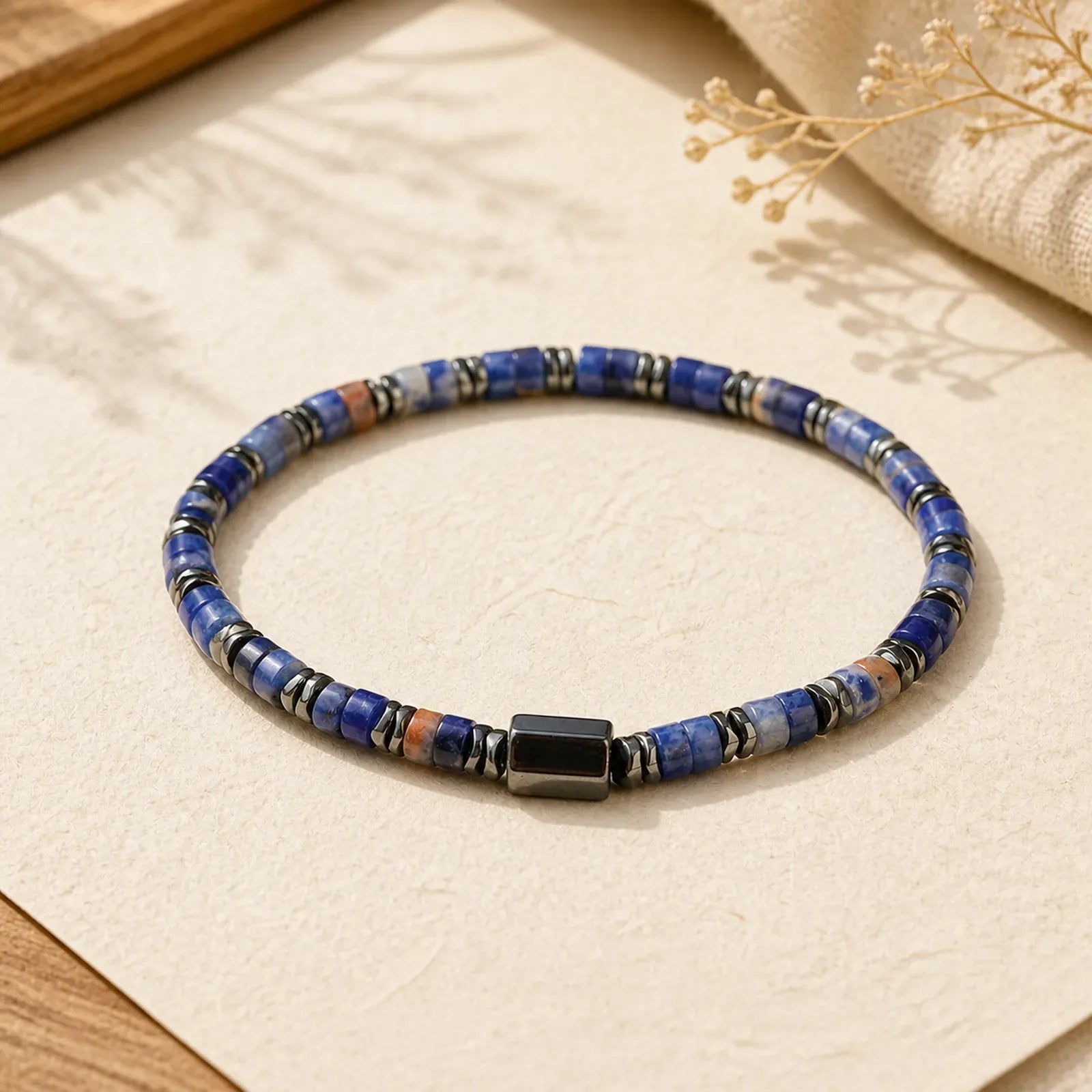 Sodalite Hematite Grounding Cube Spacer Bracelet featuring Sodalite, Hematite, Green Aventurine