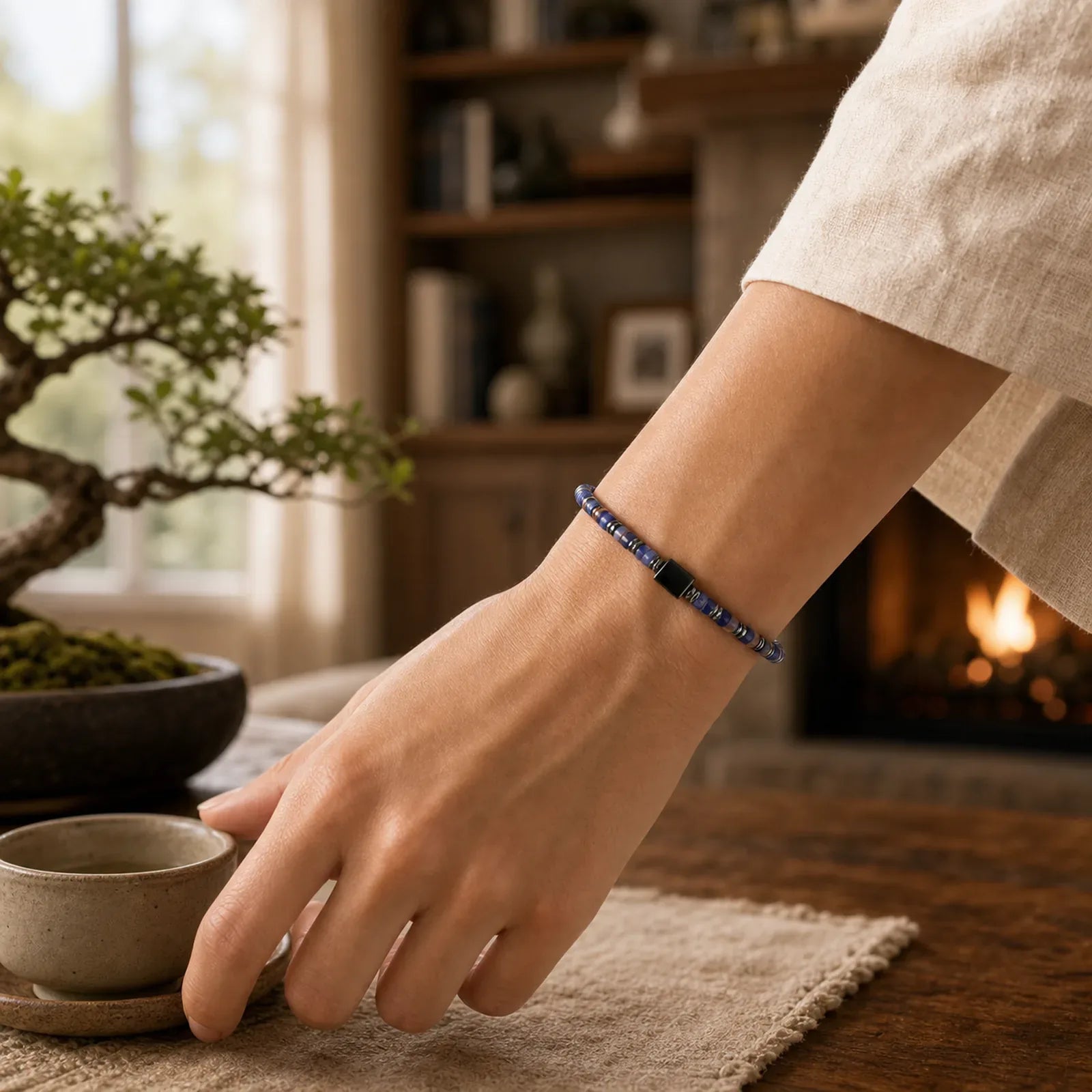 Sodalite Hematite Grounding Cube Spacer Bracelet featuring Sodalite, Hematite, Green Aventurine