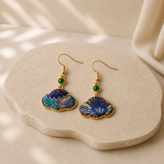 Song Brocade Blue Shell-Shaped Prosperity Green Bead Teardrop Earrings featuring Jade