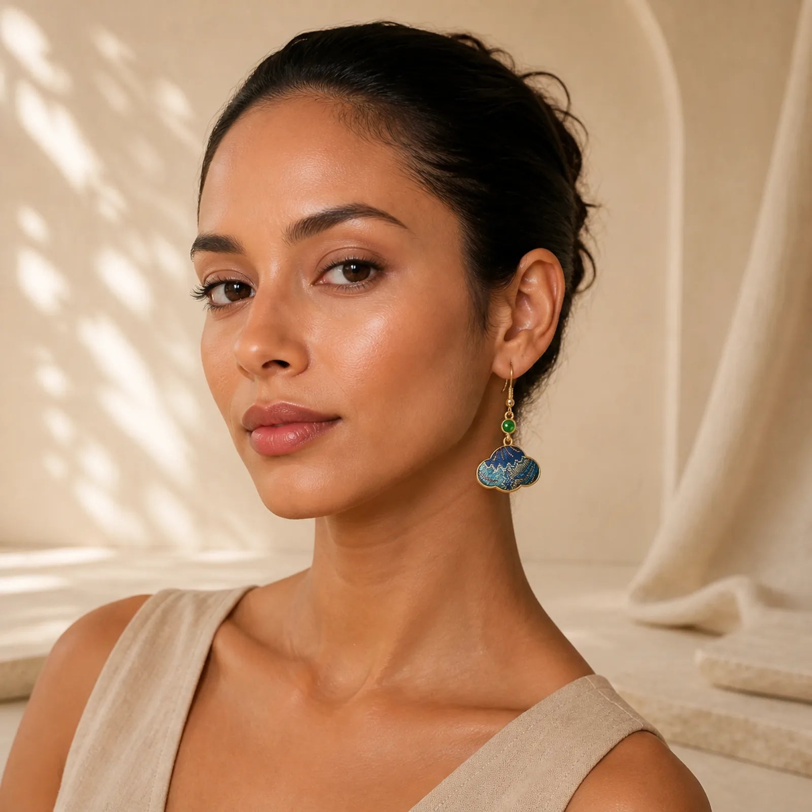 Song Brocade Blue Shell-Shaped Prosperity Green Bead Teardrop Earrings featuring Jade