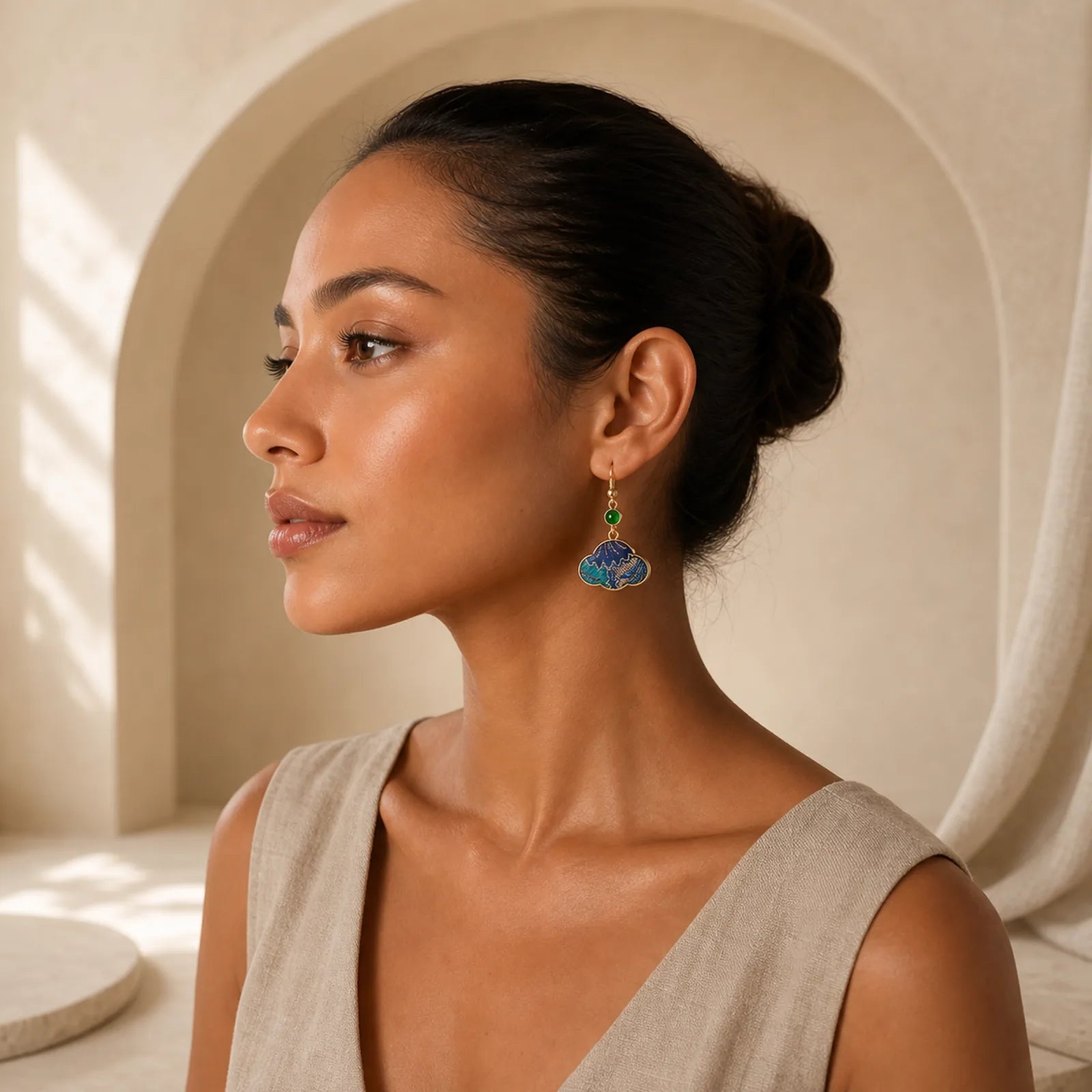 Song Brocade Blue Shell-Shaped Prosperity Green Bead Teardrop Earrings featuring Jade
