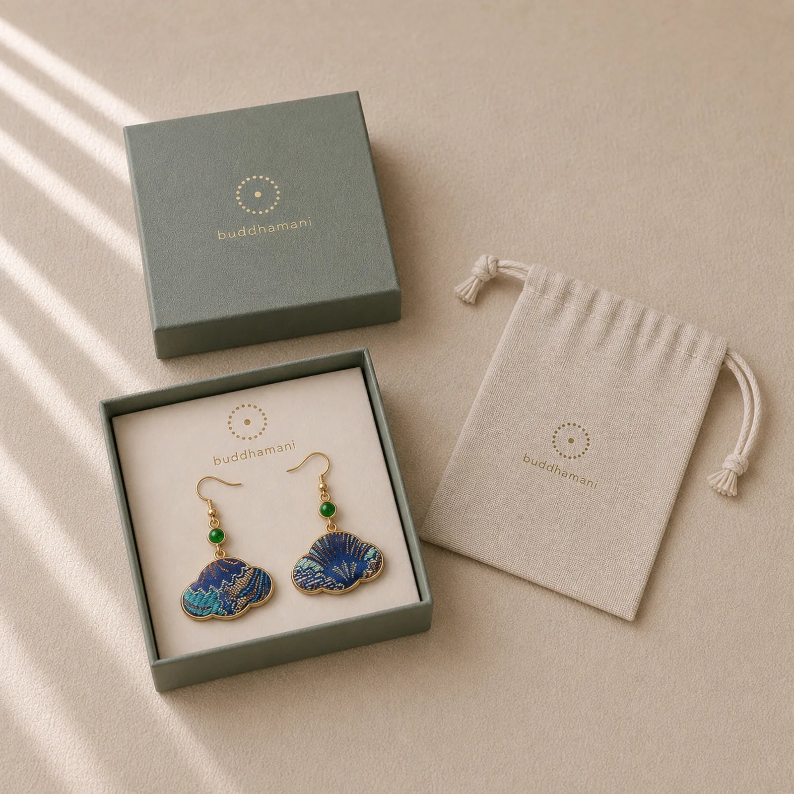 Song Brocade Blue Shell-Shaped Prosperity Green Bead Teardrop Earrings featuring Jade