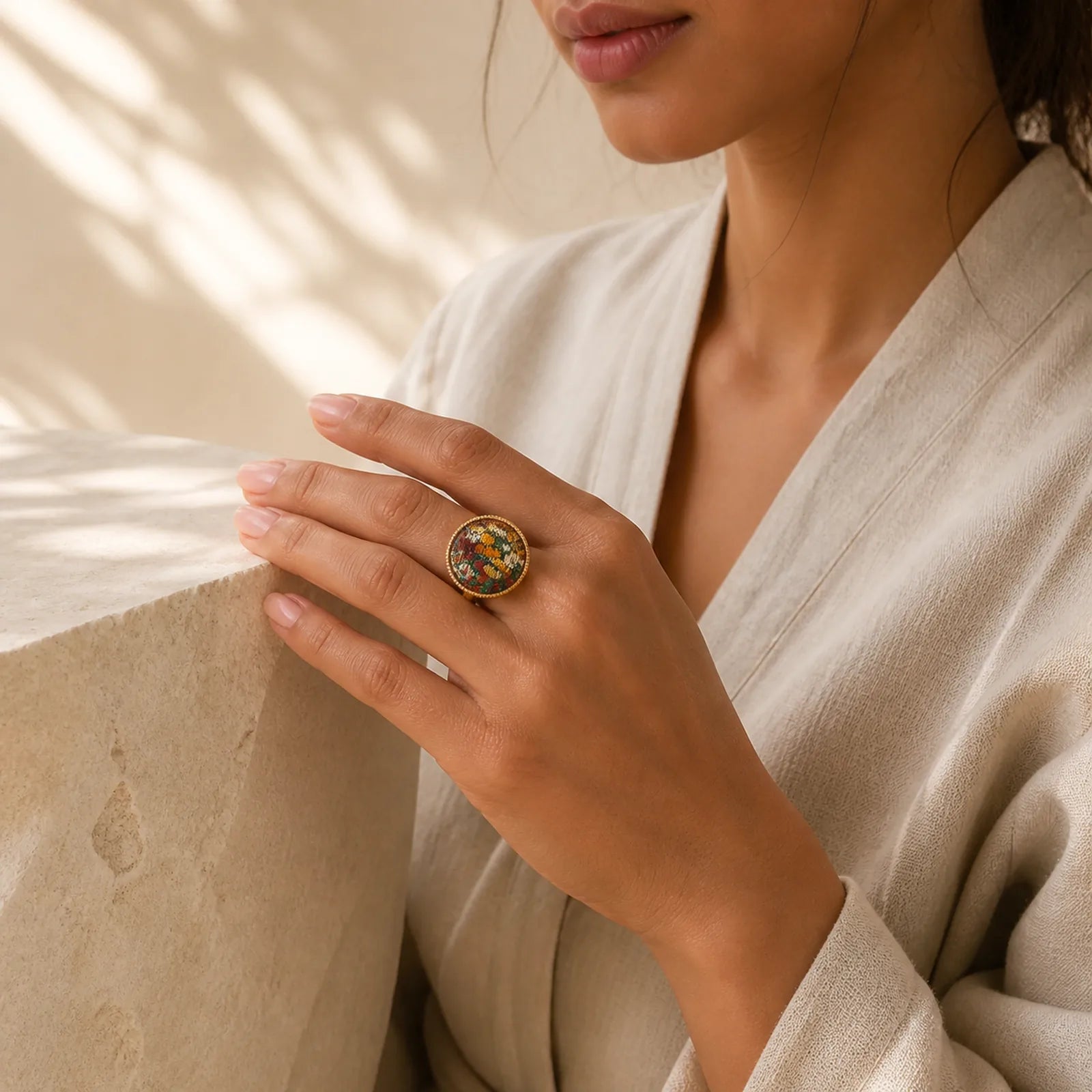 Song Brocade Embroidered Round Elegance Ring featuring
