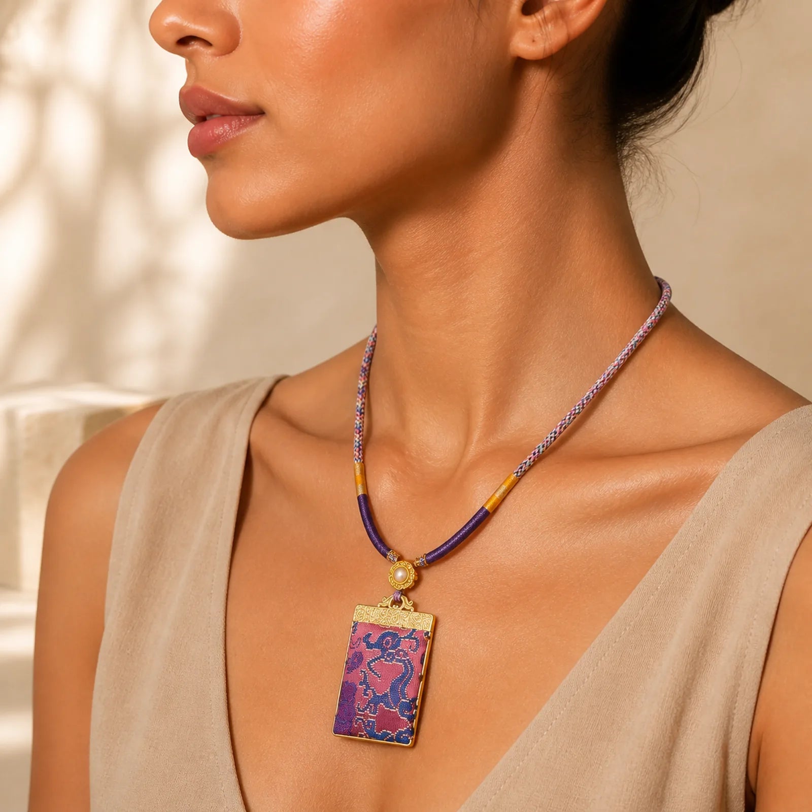 Song Brocade Floral Pattern Harmony Braided Rectangle Necklace featuring Copper