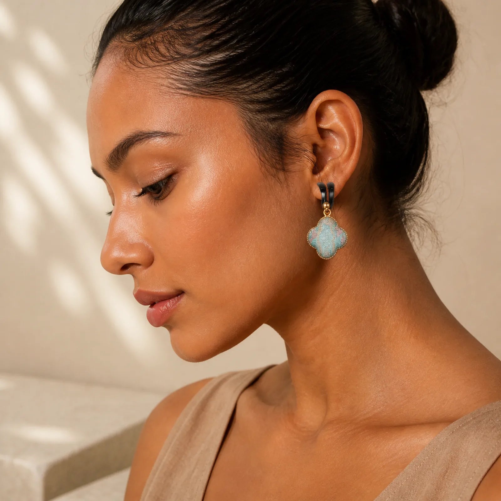 Song Brocade Handcrafted Silk Art Floral Harmony Drop Earrings featuring Copper