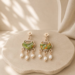 Song Brocade Handcrafted Silk Art Peace Lock Pearl Protection Drop Earrings featuring Pearl, Silver, Copper