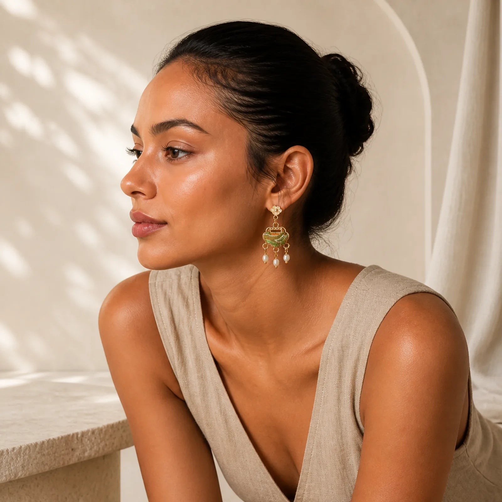 Song Brocade Handcrafted Silk Art Peace Lock Pearl Protection Drop Earrings featuring Pearl, Silver, Copper