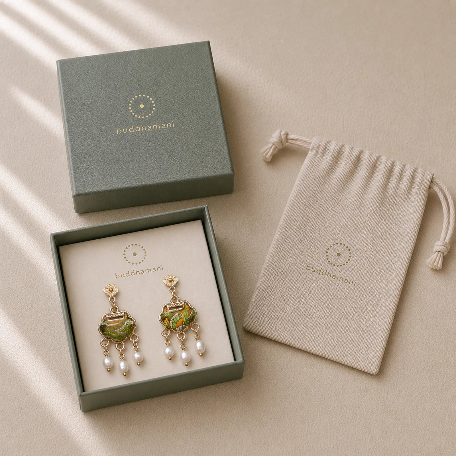 Song Brocade Handcrafted Silk Art Peace Lock Pearl Protection Drop Earrings featuring Pearl, Silver, Copper