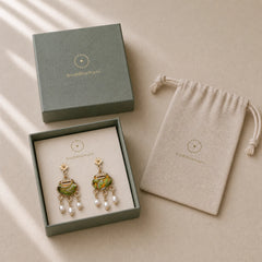 Song Brocade Handcrafted Silk Art Peace Lock Pearl Protection Drop Earrings featuring Pearl, Silver, Copper